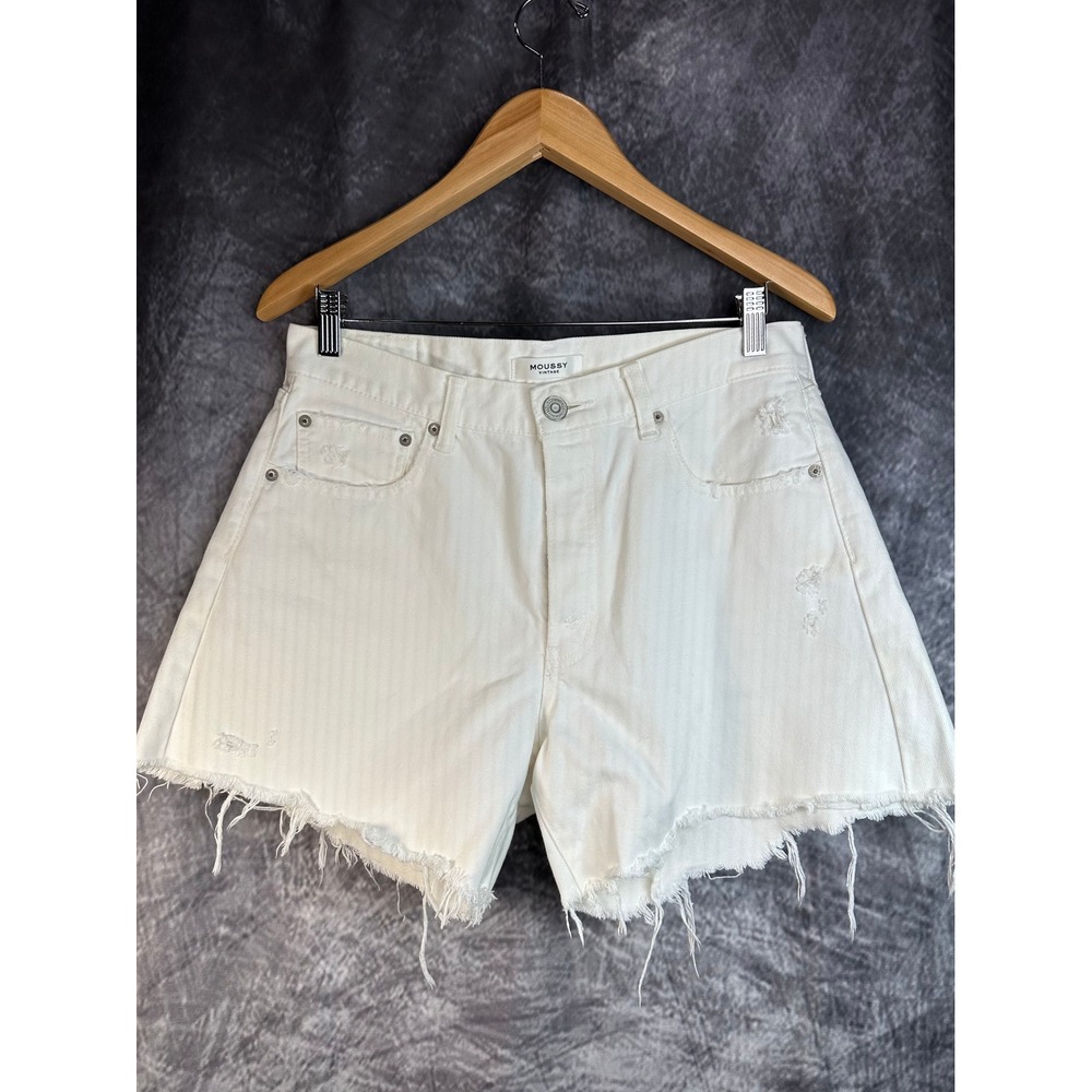 MOUSSY VINTAGE Denim Shorts Womens 29 White Distressed Raw Hem Made in Japan